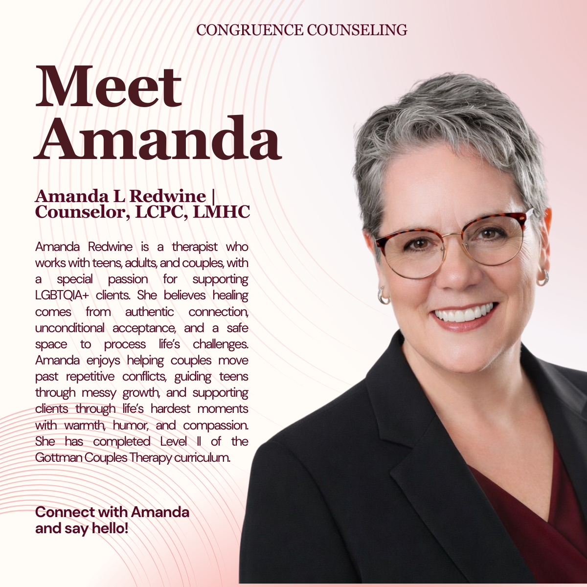 Smiling woman with short gray hair, glasses, and a gray blazer over a white top poses against a light background. Text introduces her as Amanda L. Redwine, a counselor specializing in supporting LGBTQIA+ clients and couples.