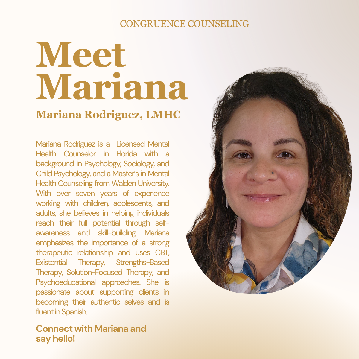 A professional headshot of Mariana Rodriguez, LMHC, with text describing her background as a licensed mental health counselor in Florida, her specialties, experience, and an invitation to connect with her.